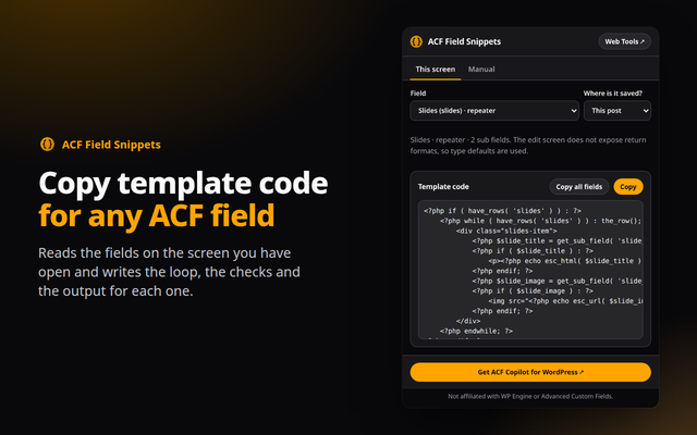 ACF Field Snippets extension screenshot