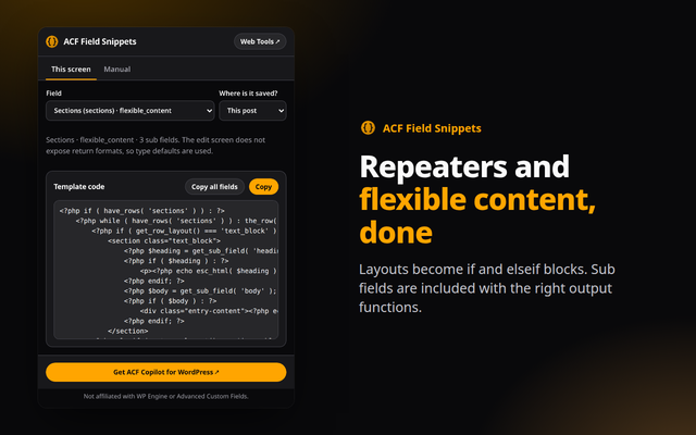 ACF Field Snippets extension screenshot