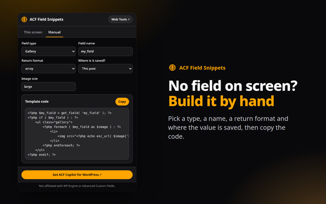 ACF Field Snippets extension screenshot